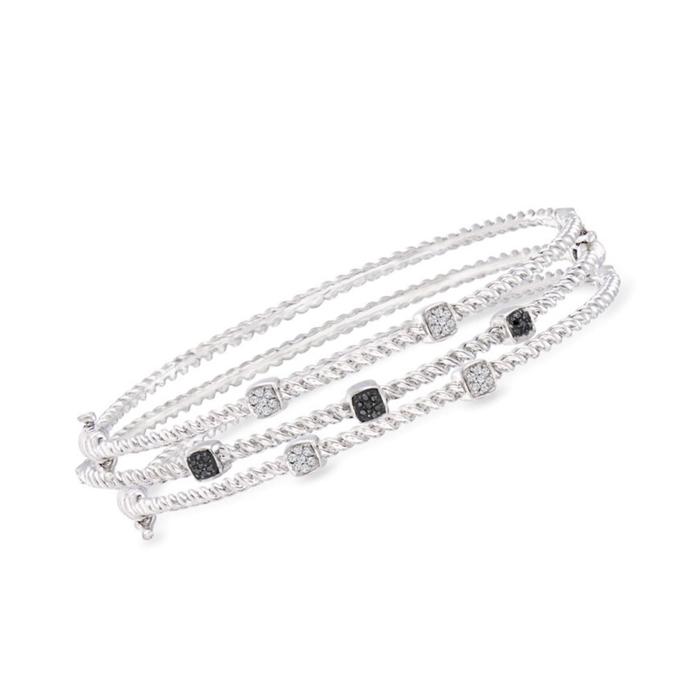 Ross-Simons .19 ct t.w. Black and White Diamond Sterling Silver Roped Bangle Set